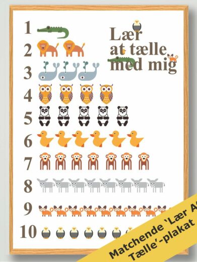 Talplakat med hvid baggrund og forskellige slags og antal dyr der følger tallet til venstre