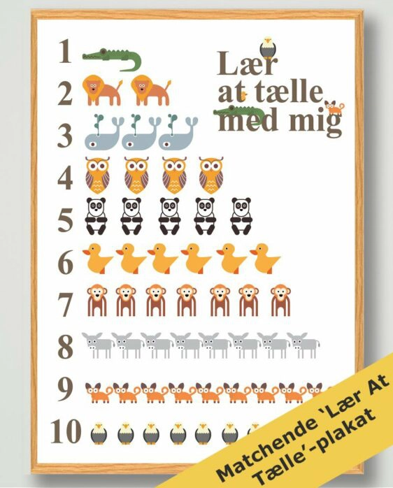 Talplakat med hvid baggrund og forskellige slags og antal dyr der følger tallet til venstre