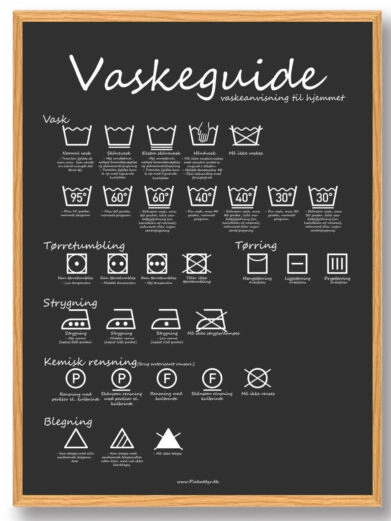 Vaskeguide plakat med hvid, kursiv skrift på sort baggrund og egeramme