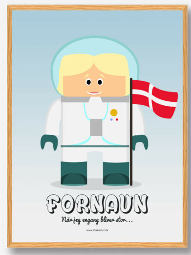 Børneplakat med astronaut, der holder flag. På plakaten er der plads til at skrive barnets navn
