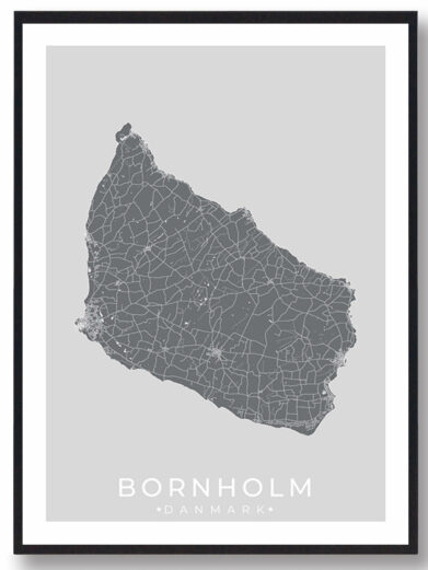 Bornholm bykort i stilrent plakat design. Denne Bornholm byplakat er med grå baggrund og viser Bornholm kortet fra sin smukkeste side
