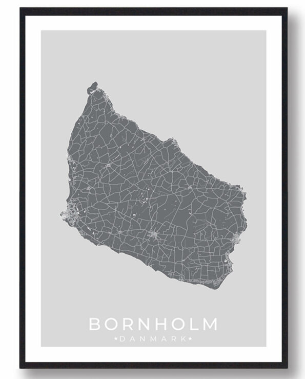 Bornholm bykort i stilrent plakat design. Denne Bornholm byplakat er med grå baggrund og viser Bornholm kortet fra sin smukkeste side