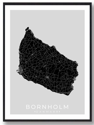 Bornholm bykort i stilrent plakat design. Denne Bornholm byplakat er med sort baggrund og viser Bornholm kortet fra sin smukkeste side
