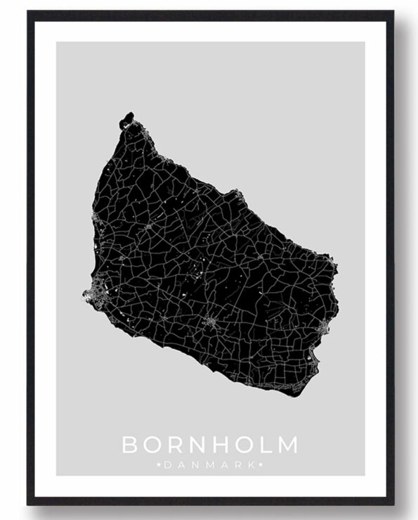 Bornholm bykort i stilrent plakat design. Denne Bornholm byplakat er med sort baggrund og viser Bornholm kortet fra sin smukkeste side
