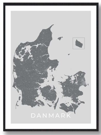 Danmark bykort i stilrent plakat design. Denne Danmark byplakat er med grå baggrund og viser Danmark kortet fra sin smukkeste side