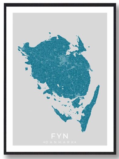 Fyn bykort i stilrent plakat design. Denne Fyn byplakat er med blå baggrund og viser Fyn kortet fra sin smukkeste side