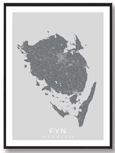 Fyn bykort i stilrent plakat design. Denne Fyn byplakat er med grå baggrund og viser Fyn kortet fra sin smukkeste side