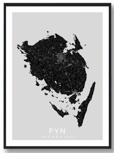 Fyn bykort i stilrent plakat design. Denne Fyn byplakat er med sort baggrund og viser Fyn kortet fra sin smukkeste side