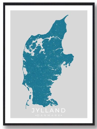 Jylland bykort i stilrent plakat design. Denne Jylland byplakat er med blå baggrund og viser Jylland kortet fra sin smukkeste side