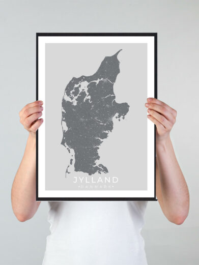 Jylland bykort i stilrent plakat design. Denne Jylland byplakat er med grå baggrund og viser Jylland kortet fra sin smukkeste side