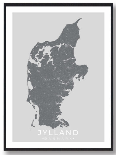 Jylland bykort i stilrent plakat design. Denne Jylland byplakat er med grå baggrund og viser Jylland kortet fra sin smukkeste side