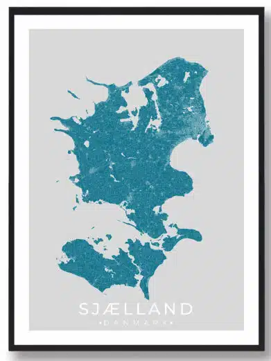 Sjælland bykort i stilrent plakat design. Denne Sjælland byplakat er med blå baggrund og viser Sjælland kortet fra sin smukkeste side