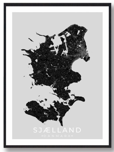 Sjælland bykort i stilrent plakat design. Denne Sjælland byplakat er med sort baggrund og viser Sjælland kortet fra sin smukkeste side