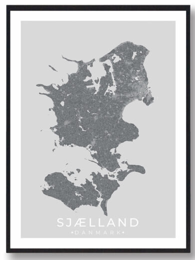 Sjælland bykort i stilrent plakat design. Denne Sjælland byplakat er med grå baggrund og viser Sjælland kortet fra sin smukkeste side
