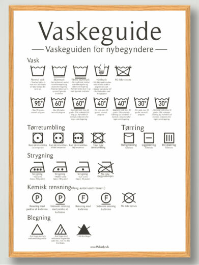 Hvid vaskeguide plakat med sort skrift og vaskesymboler og egeramme