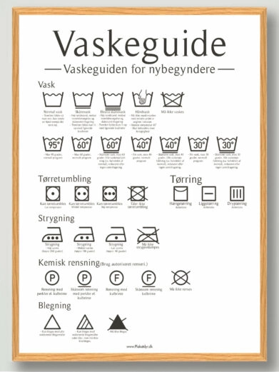 Hvid vaskeguide plakat med sort skrift og vaskesymboler og egeramme