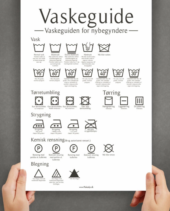 Hvid vaskeguide plakat med sort skrift og vaskesymboler