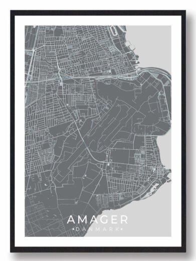 Amager bykort i stilrent plakat design. Denne Amager byplakat er med grå baggrund og viser Amager kortet fra sin smukkeste side