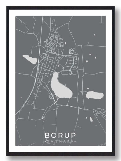 Borup bykort i stilrent plakat design. Denne Borup byplakat er med grå baggrund og viser Borup kortet fra sin smukkeste side