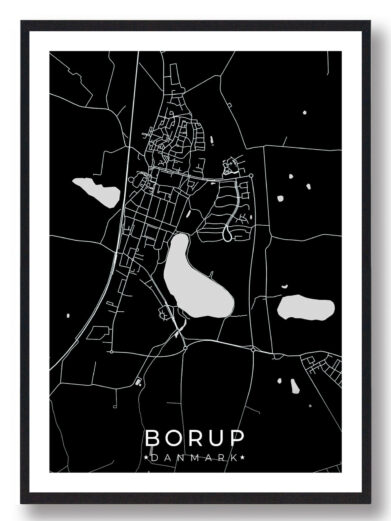 Borup bykort i stilrent plakat design. Denne Borup byplakat er med sort baggrund og viser Borup kortet fra sin smukkeste side