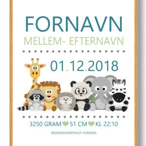 Fødselstavle med dyr (mørkeblå) - plakat