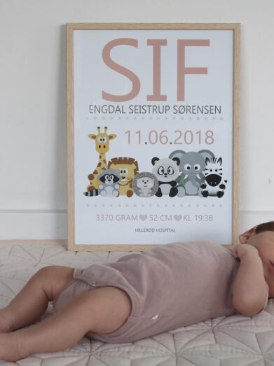 Fødselsplakat med dyr til barnedåbsgave. På fødselsplakaten er der Giraf, panda og elefant på