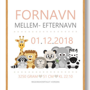 Fødselstavle med dyr (beige) - plakat