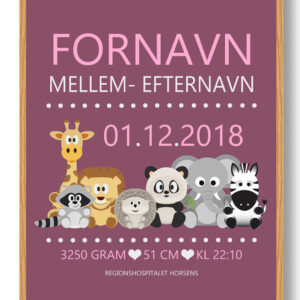 Fødselstavle med dyr (lilla baggrund) - plakat
