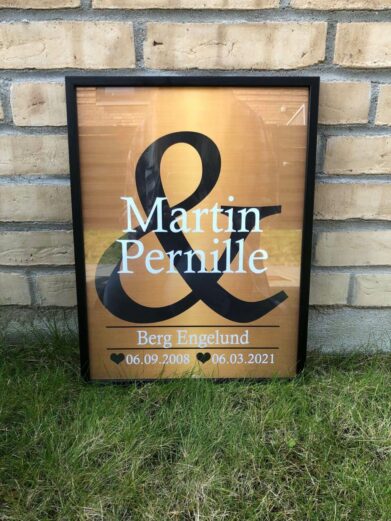 Kobberbryllupsplakat med navne og dato. Plakaten er personlig og gode Kobberbryllupsgave