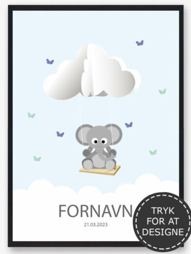 Navnetavle med elefant. Du designer selv navneplakaten ved at vælg det dyr som du ønsker og indtaste barnets navn. Den søde elefant navntavle er en billig barselsgave eller dåbsgave