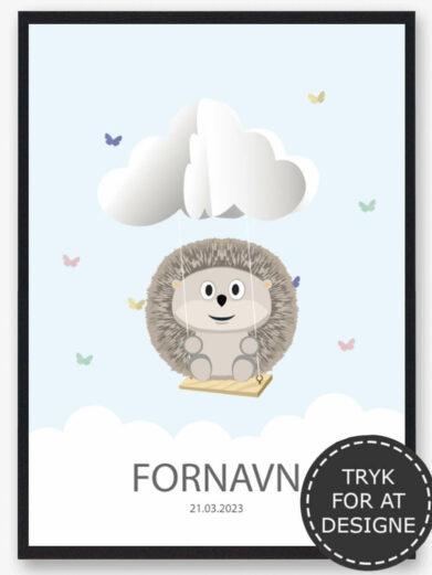 Navnetavle med pindsvin. Du designer selv navneplakaten ved at vælg det dyr som du ønsker og indtaste barnets navn. Den søde pindsvin navntavle er en billig barselsgave eller dåbsgave
