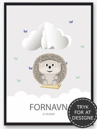 Personlig børneplakat med motiv af pindsvin. På den søde plakat findes også barnets navn og fødselsdato under det søde pindsvin.