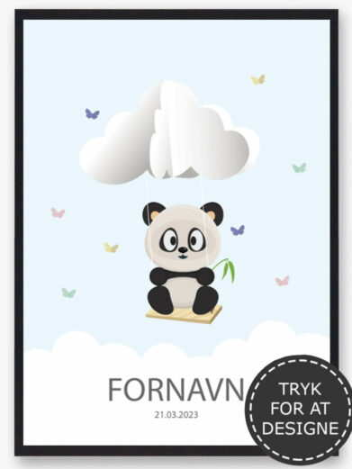 Navnetavle med panda. Du designer selv navneplakaten ved at vælg det dyr som du ønsker og indtaste barnets navn. Den søde panda navntavle er en billig barselsgave eller dåbsgave