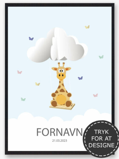 Navnetavle med giraf. Du designer selv navneplakaten ved at vælg det dyr som du ønsker og indtaste barnets navn. Den søde giraf navntavle er en billig barselsgave eller dåbsgave