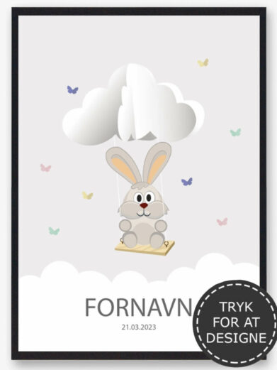 Personlig børneplakat med motiv af kanin. På den søde plakat findes også barnets navn og fødselsdato under den søde kanin.