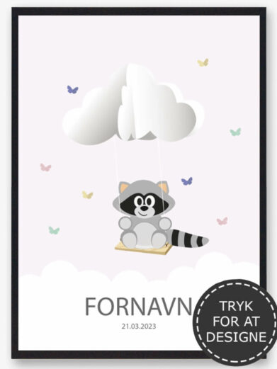 Design din egen navneplakat med en vaskebjørn. Navnetavle med en vaskebjørn er en af vores mest populære navneplakater.