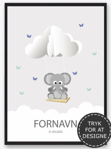 Personlig børneplakat med motiv af elefant. På den søde plakat findes også barnets navn og fødselsdato under den søde elefant.