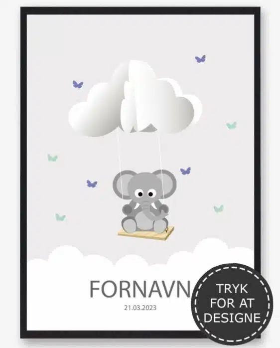 Personlig børneplakat med motiv af elefant. På den søde plakat findes også barnets navn og fødselsdato under den søde elefant.
