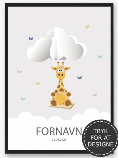 Personlig børneplakat med motiv af giraf. På den søde plakat findes også barnets navn og fødselsdato under den søde giraf.