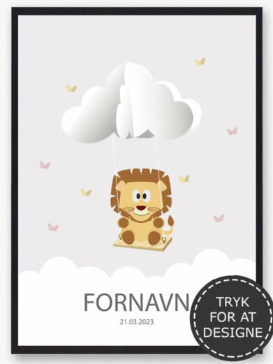 Personlig børneplakat med motiv af løve. På den søde plakat findes også barnets navn og fødselsdato under den søde løve.