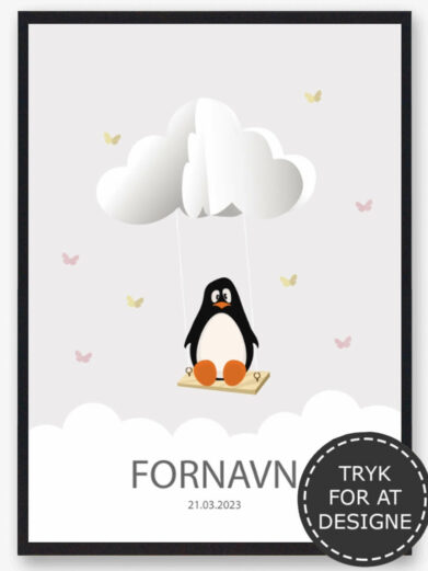 Personlig børneplakat med motiv af pingvin. På den søde plakat findes også barnets navn og fødselsdato under den søde pingvin.