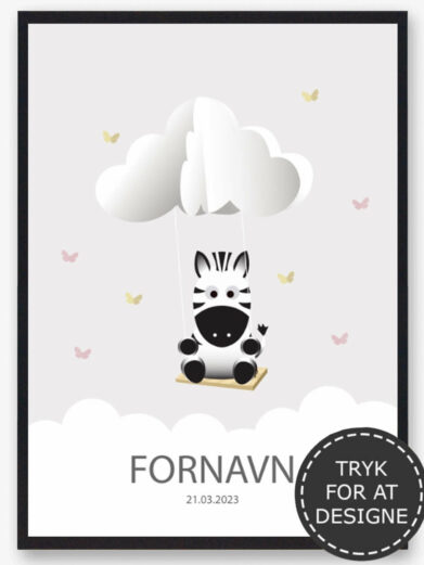 Personlig børneplakat med motiv af zebra. På den søde plakat findes også barnets navn og fødselsdato under den søde zebra.