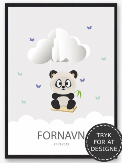 Personlig børneplakat med motiv af panda. På den søde plakat findes også barnets navn og fødselsdato under den søde panda.