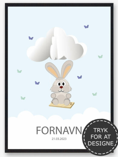 Navnetavle med kanin. Du designer selv navneplakaten ved at vælg det dyr som du ønsker og indtaste barnets navn. Den søde kanin navntavle er en billig barselsgave eller dåbsgave