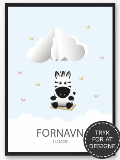 Navnetavle med zebra. Du designer selv navneplakaten ved at vælg det dyr som du ønsker og indtaste barnets navn. Den søde zebra navntavle er en billig barselsgave eller dåbsgave