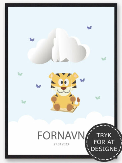 Navnetavle med tiger. Du designer selv navneplakaten ved at vælg det dyr som du ønsker og indtaste barnets navn. Den søde tiger navntavle er en billig barselsgave eller dåbsgave