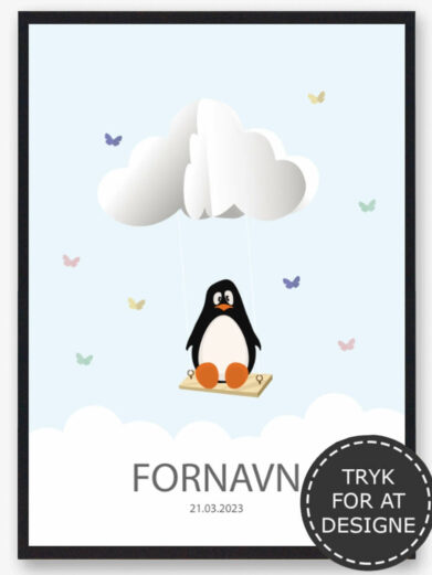 Navnetavle med pingvin. Du designer selv navneplakaten ved at vælg det dyr som du ønsker og indtaste barnets navn. Den søde pingvin navntavle er en billig barselsgave eller dåbsgave