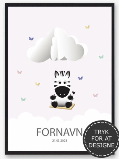 Design din egen navneplakat med en zebra. Navnetavle med en zebra er en af vores mest populære navneplakater.
