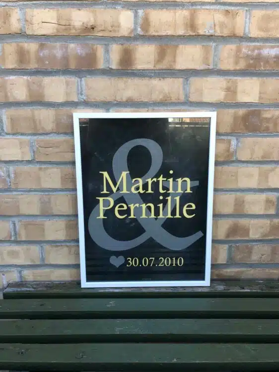 Personlig kæreste plakat med navne og dato. Plakaten kan også bruges som bryllupsplakat