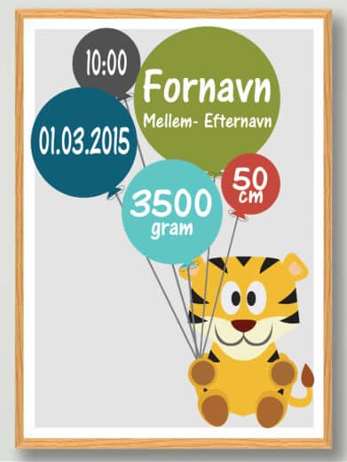 Fødselsplakat med tiger og balloner. Plakaten indeholder navn, vægt højde, fødselstidspunkt og dato